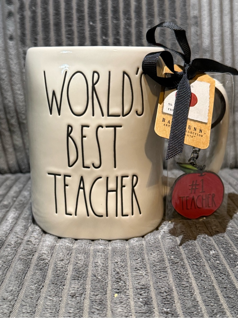 Rae Dunn White Mug WORLD’S BEST TEACHER with Red Apple "#1 Teacher" Keychain